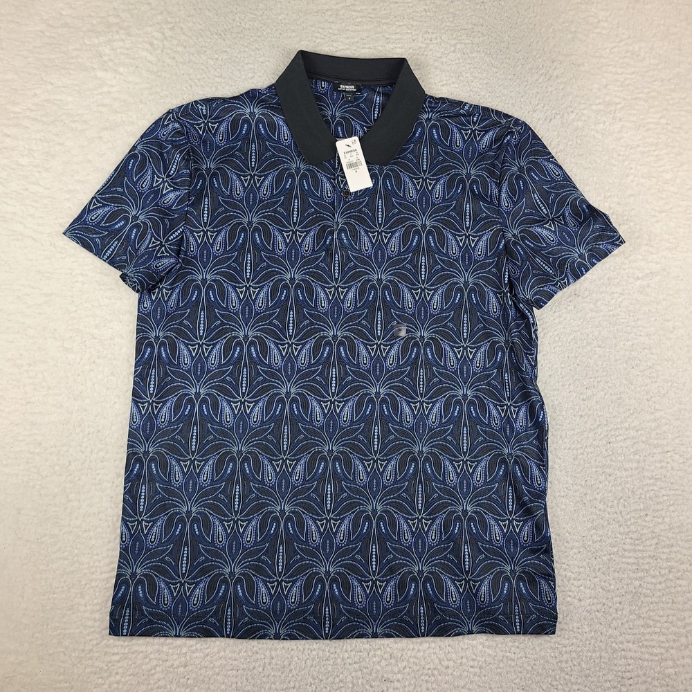 EXPRESS Polo Shirt Mens Medium Blue Black Paisley Performance Short Sleeve NEW